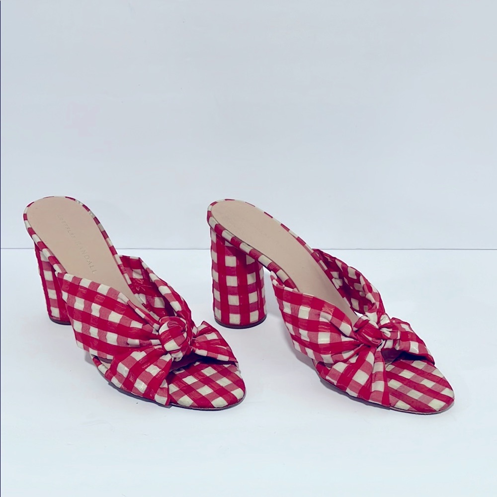 Loeffler Randall Red and White Gingham Knot Mules